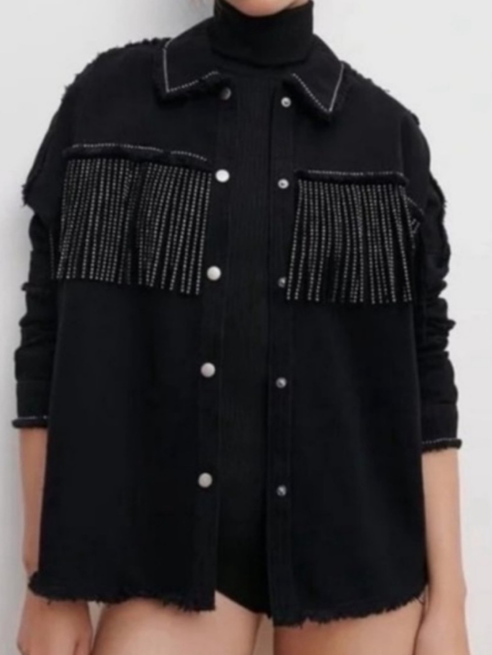 Zara Black Denim Jacket with Rhinestone Fringe